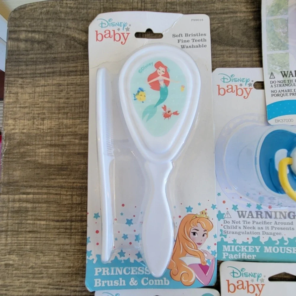 Lot Baby Ariel Mickey Minnie Mouse Cookie Monster Pacifier Holder Brush Comb Set